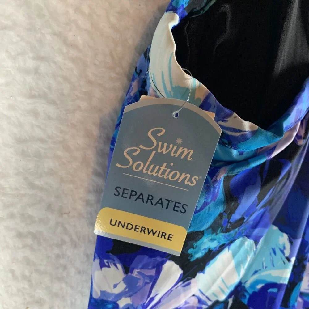 Swim‎ Solutions High-Neck Tankini Top Women's 24W Blue Floral Underwire Swimwear